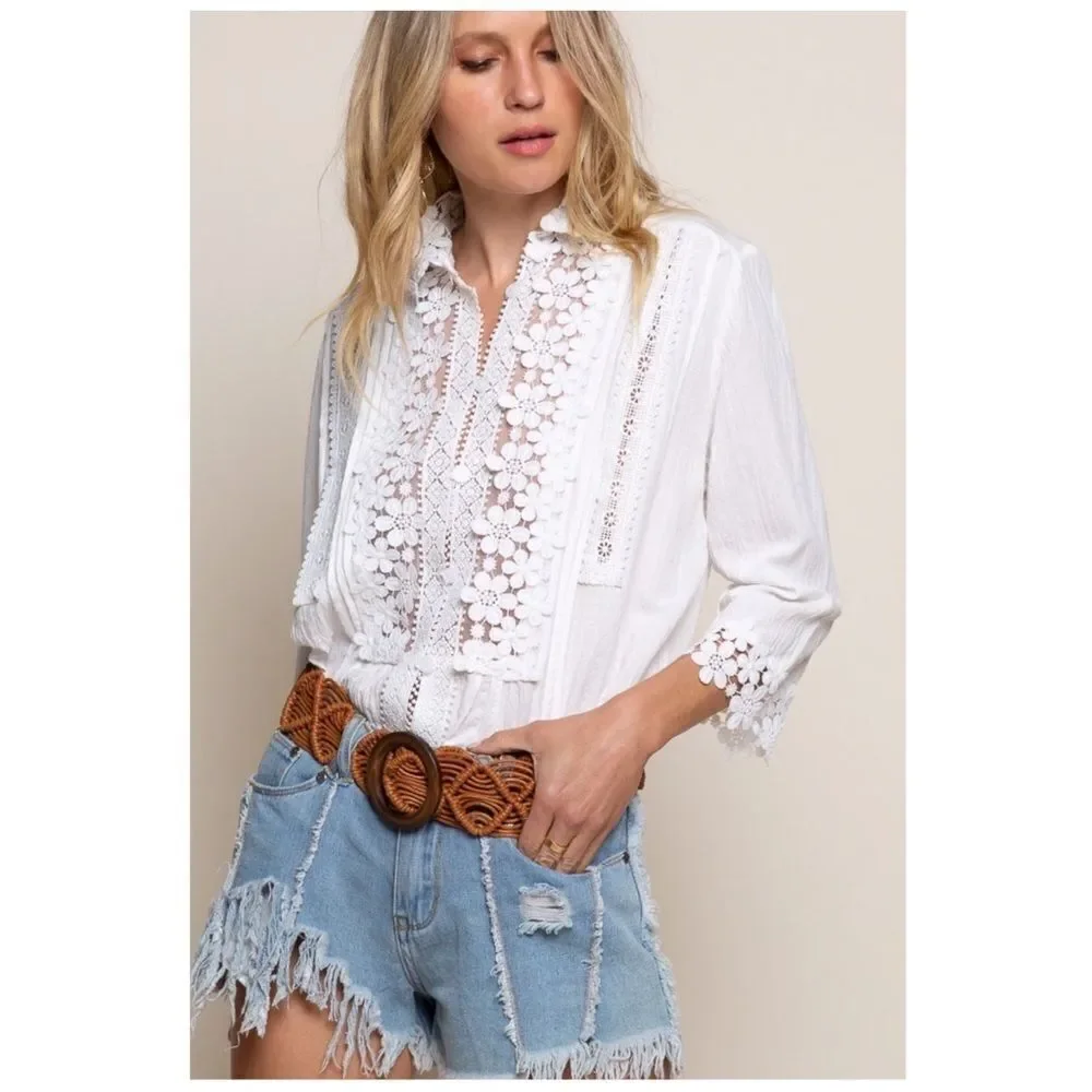 IVORY Floral Lace Mock Neck Blouse Flared Sleeves - Picture 13 of 14